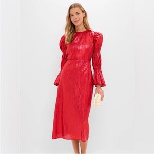 Tuckernuck Red Metallic Plisse Puff Sleeve Darcy Midi Dress